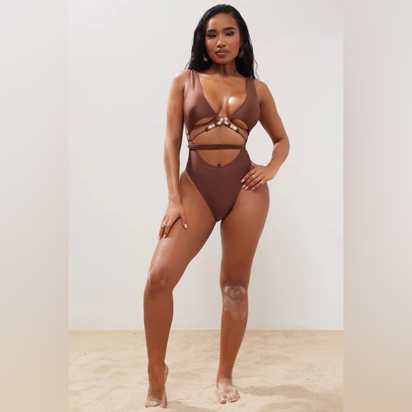Fashion Nova Pebble Beach Beaded 1 Piece Swimsuit - Chocolate Size Small - Picture 2 of 4